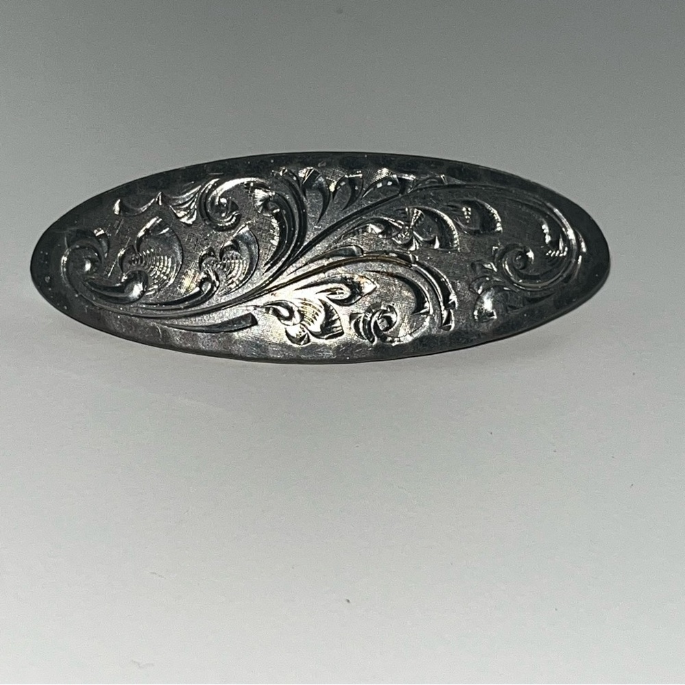 Vintage Pewter Silver Tone Pin brooch‎ Victorian-style B.G.B. Engraved Floral